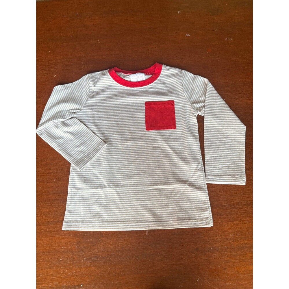 Stitchy Fish tan Striped long sleeve shirt with red pocket